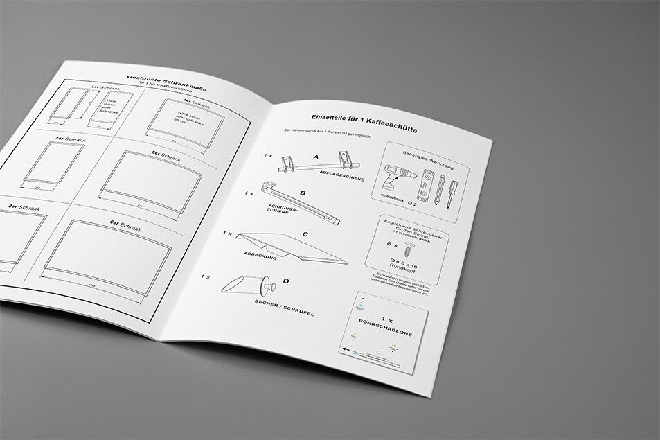 Aufbauanleitung - Layout und Texte • hier Maßangaben und Stückliste
